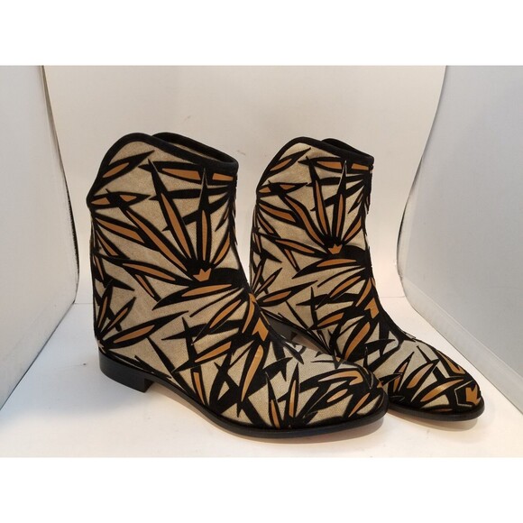 Jimmy Choo boots women Ankle Canvas Linen Black Palm leaf zip 6.5 37 new RARE - Picture 3 of 7